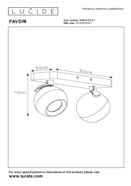 Lucide FAVORI - Spot plafond - 2xGU10 - Blanc - TECHNISCH